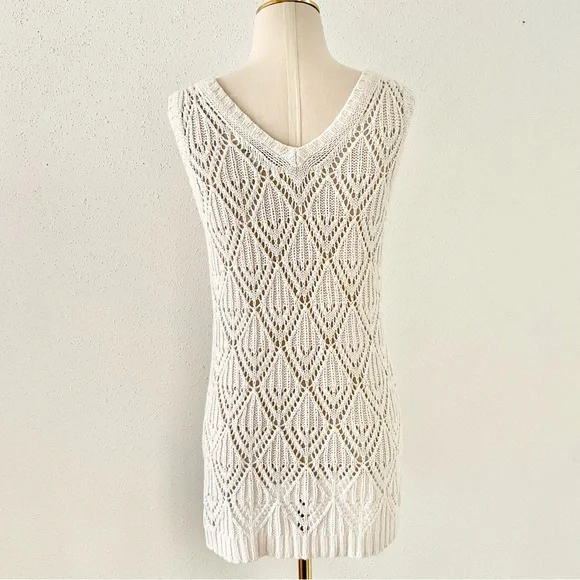 ANN TAYLOR LOFT Women's sz Medium Cream Crochet Knit Sleeveless Tunic Top Beach - Picture 5 of 6